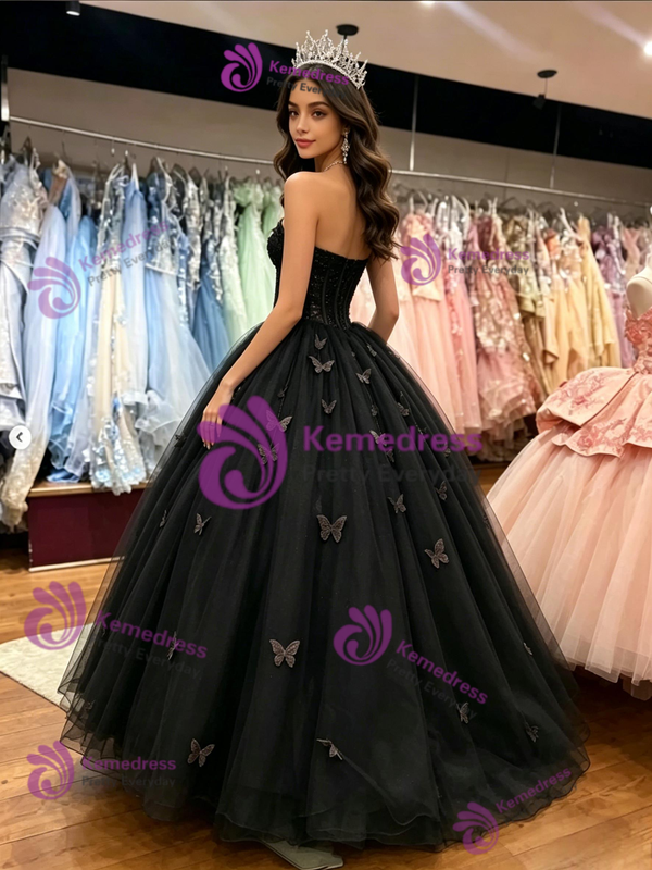 Black Tulle Strapless Butterfly Quinceanera Dress