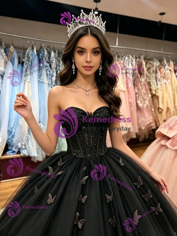 Black Tulle Strapless Butterfly Quinceanera Dress