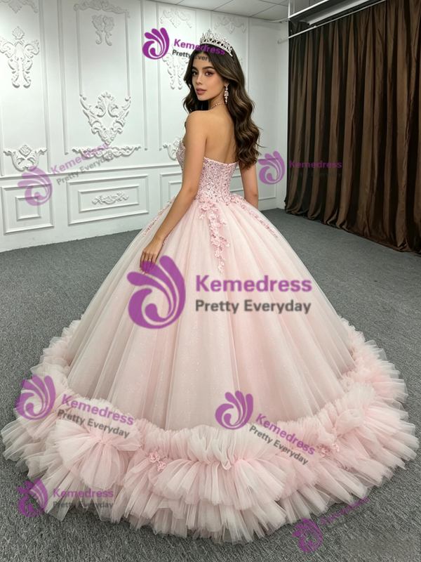 Pink Tulle Strapless Appliques Quinceanera Dress
