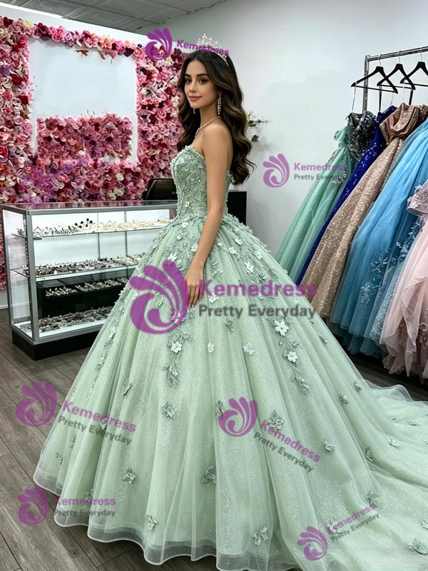 Green Tulle Strapless Appliques Quinceanera Dress