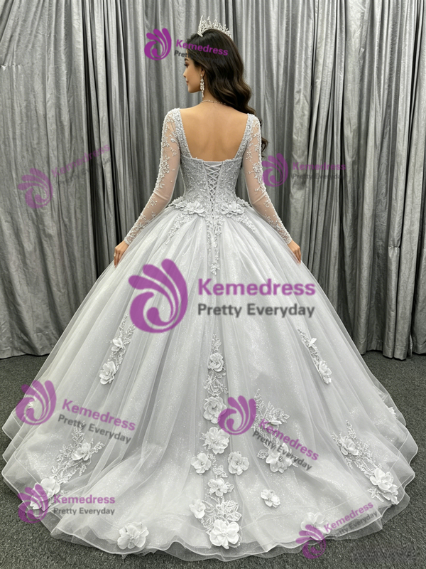 Silver Gray Tulle Long Sleeve Appliques Quinceanera Dress