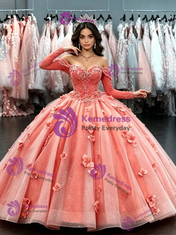 Ball Gown Long Sleeve Appliques Quinceanera Dress