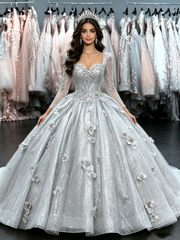 Silver Long Sleeve Appliques Quinceanera Dress