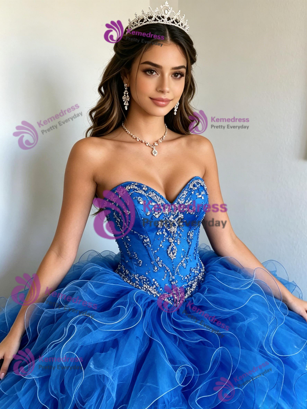 Royal Blue Tulle Strapless Quinceanera Dress
