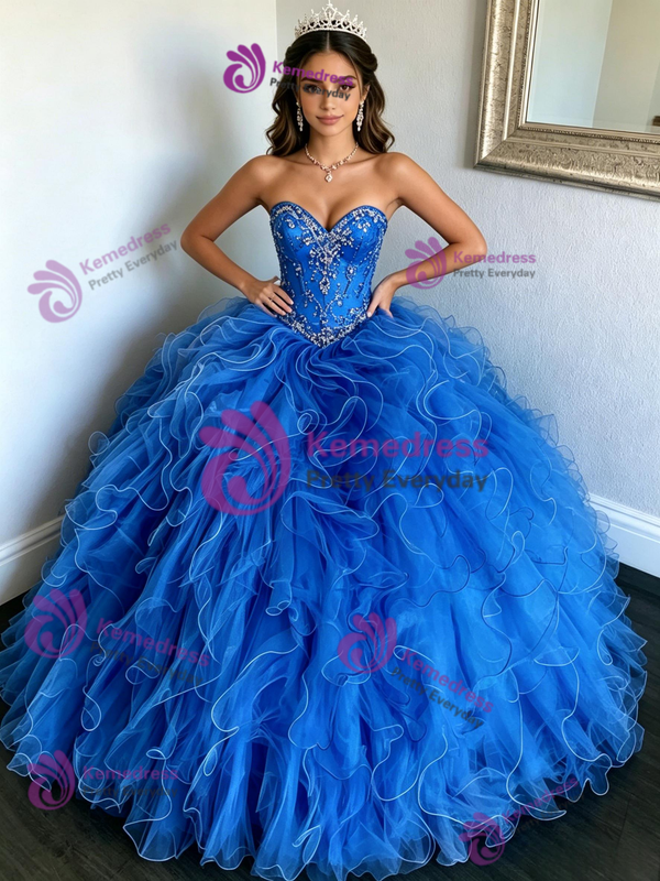 Royal Blue Tulle Strapless Quinceanera Dress