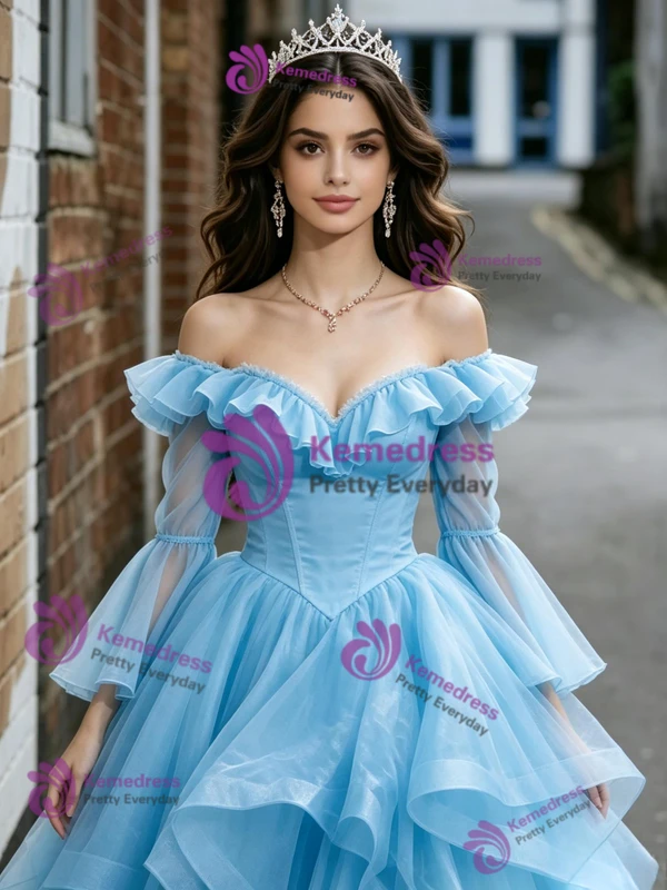 Blue Tulle Long Sleeve Off the shoulder Quinceanera Dress