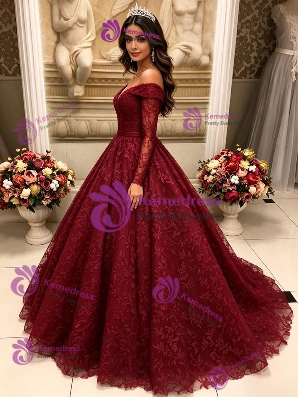 Burgundy Lace Long Sleeve Quinceanera Dress