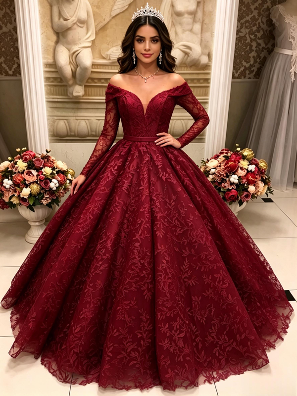 Burgundy Lace Long Sleeve Quinceanera Dress