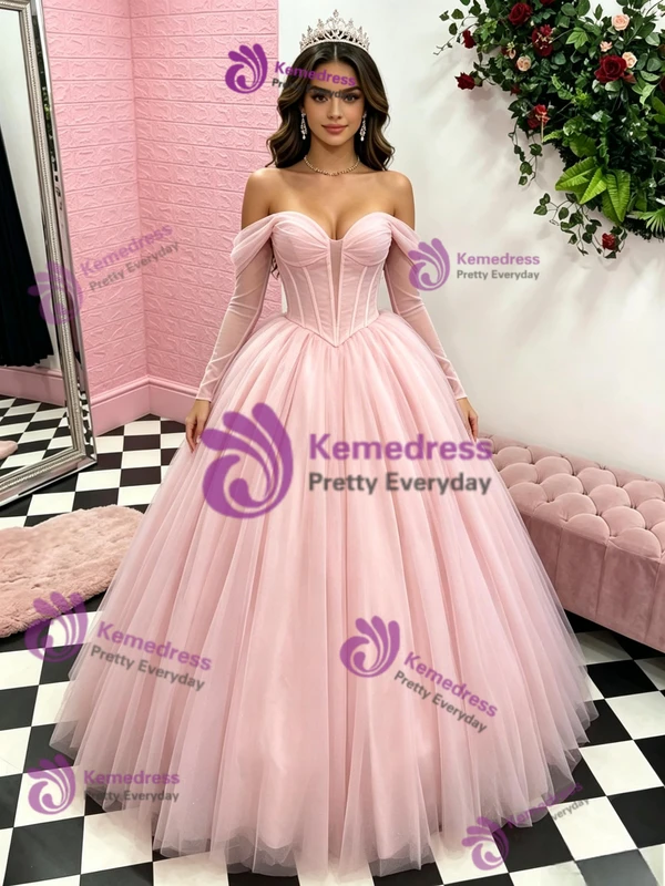 Pink Tulle Long Sleeve Quinceanera Dress
