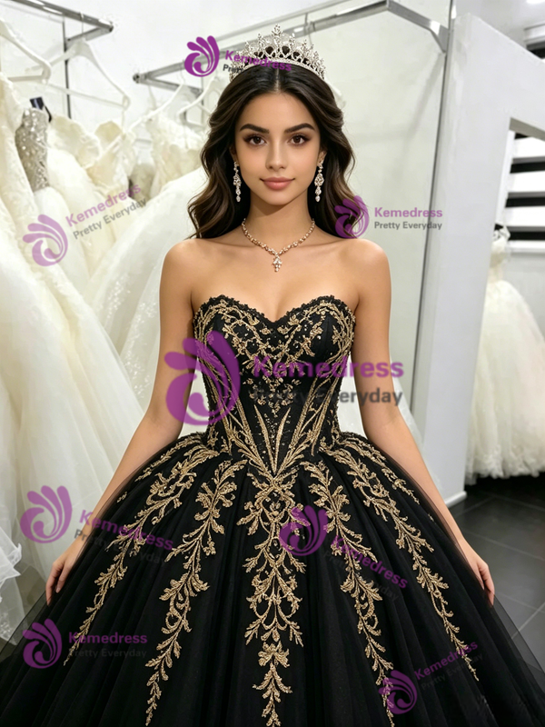 Black Tulle Strapless Appliques Quinceanera Dress