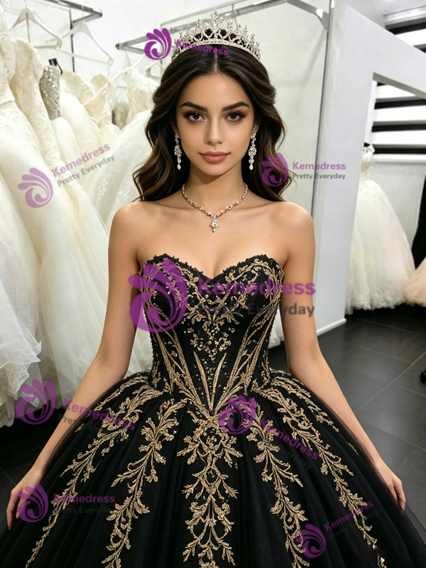 Black Tulle Strapless Appliques Quinceanera Dress