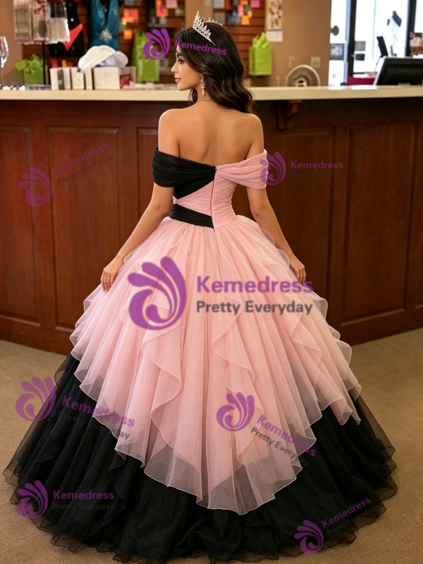 Pink Black Tulle Off the Shoulder Quinceanera Dress