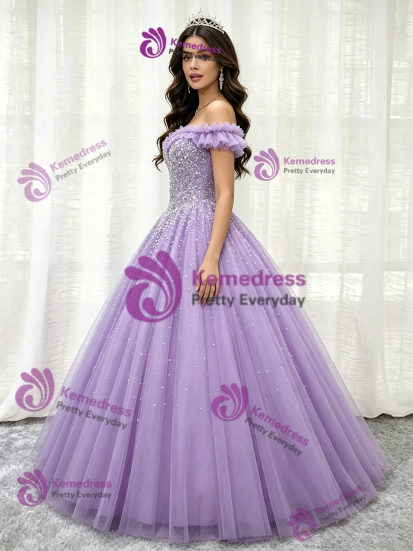 Purple Tulle Off the Shoulder Beading Quinceanera Dress