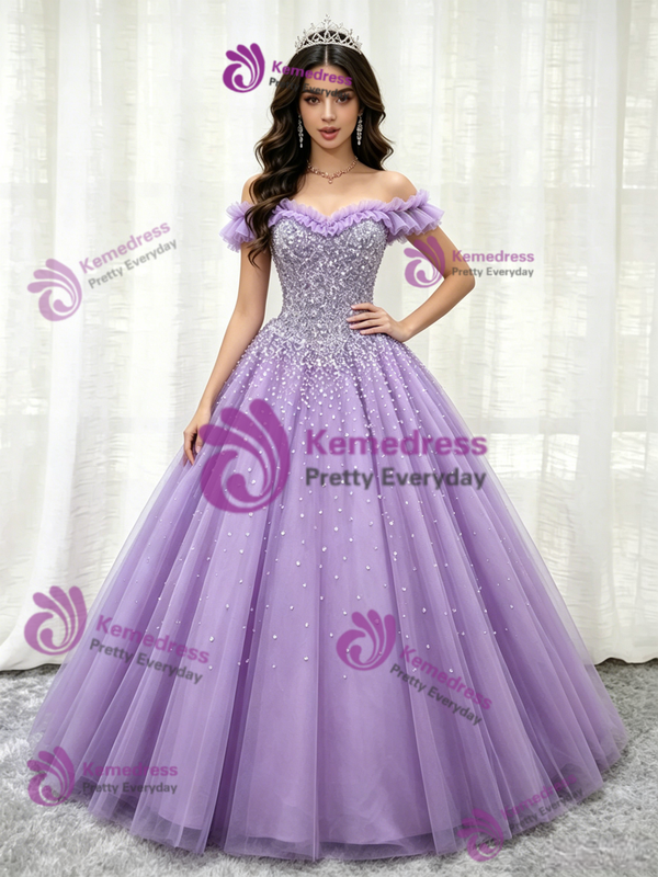 Purple Tulle Off the Shoulder Beading Quinceanera Dress