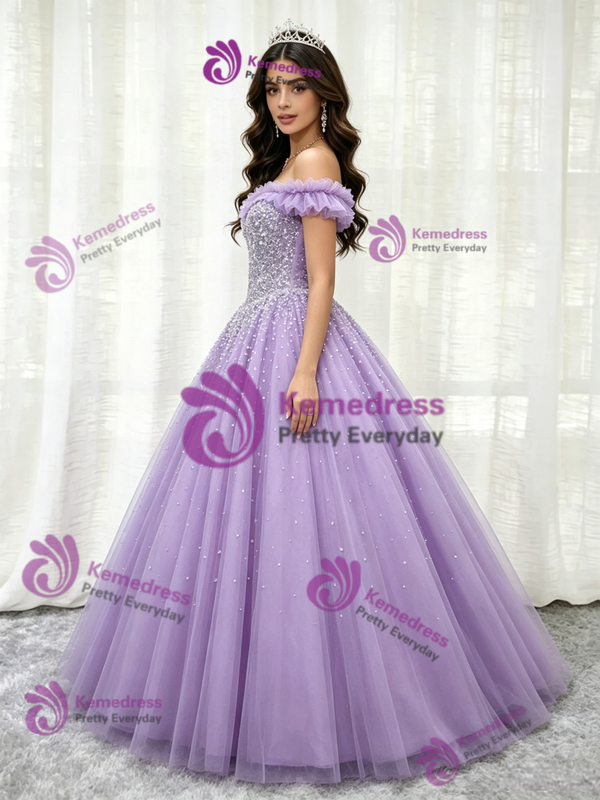 Purple Tulle Off the Shoulder Beading Quinceanera Dress
