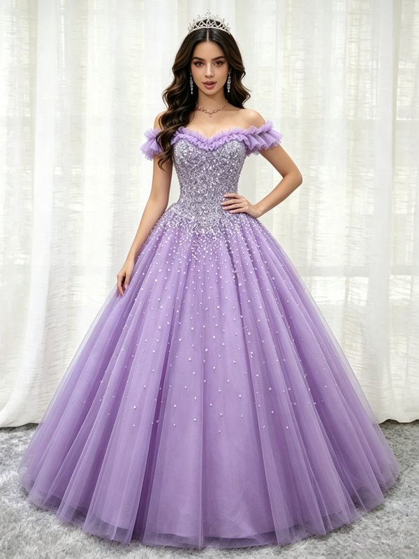 Purple Tulle Off the Shoulder Beading Quinceanera Dress