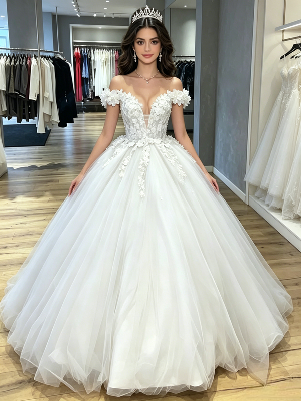 White Tulle Off the Shoulder Appliques Quinceanera Dress