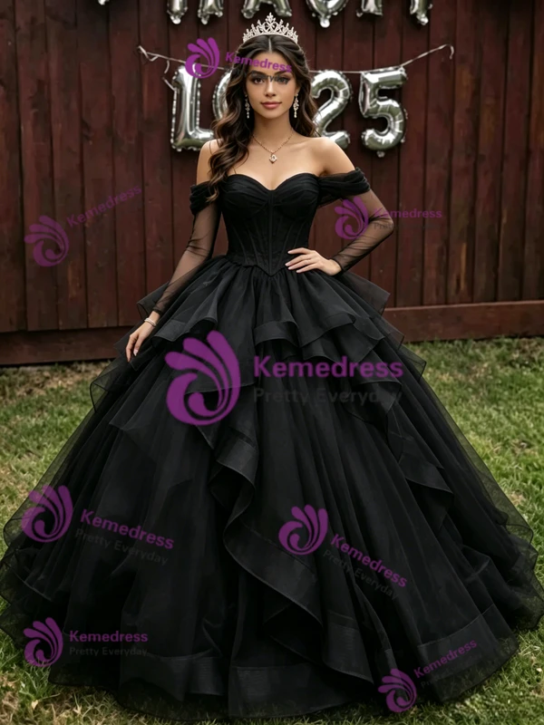 Black Tulle Long Sleeve Off the Shoulder Quinceanera Dress