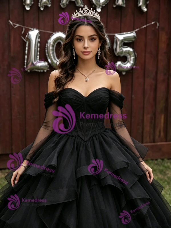 Black Tulle Long Sleeve Off the Shoulder Quinceanera Dress