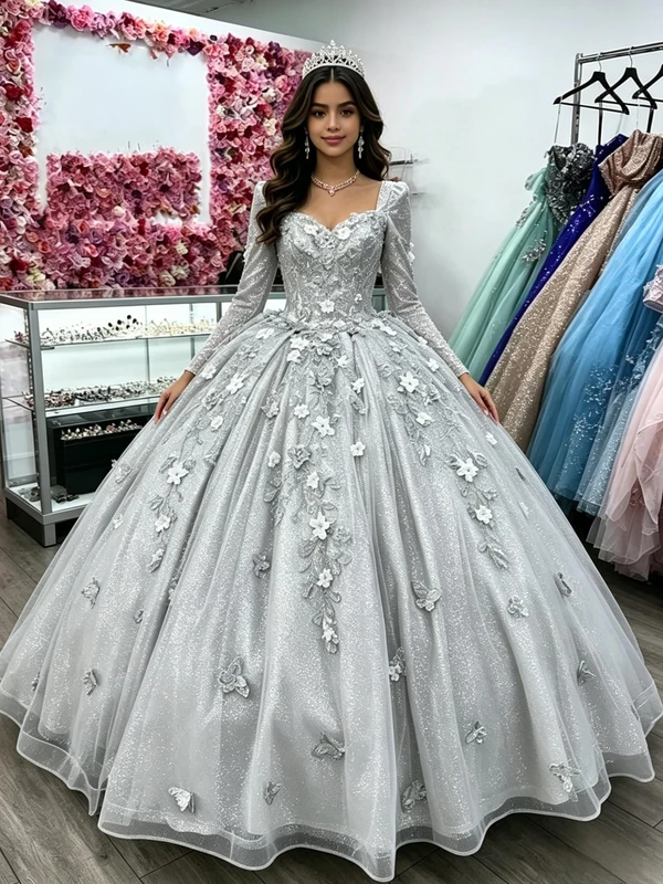 Silver Gray Tulle Long Sleeve Quinceanera Dress