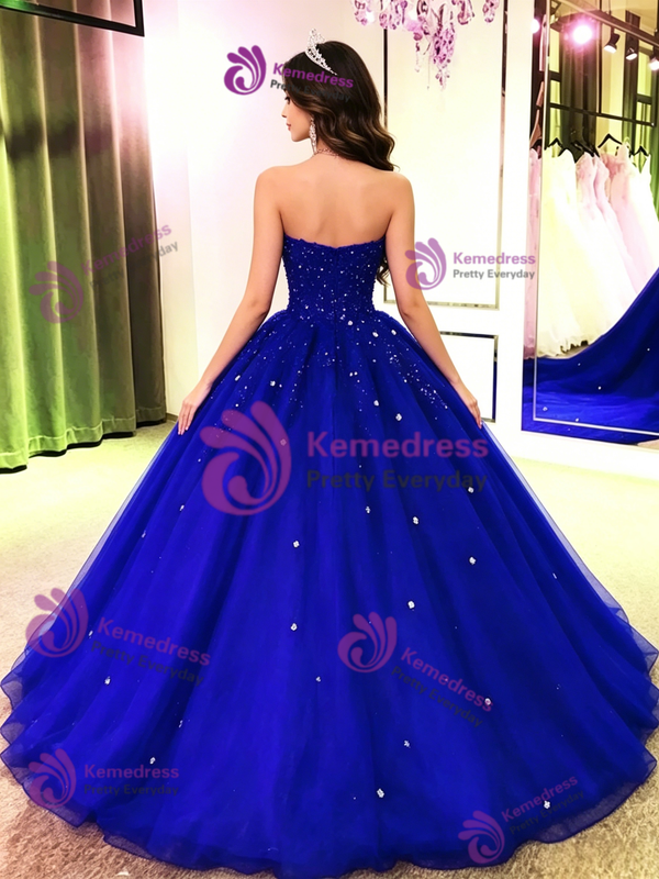 Royal Blue Tulle Strapless Beading Quinceanera Dress