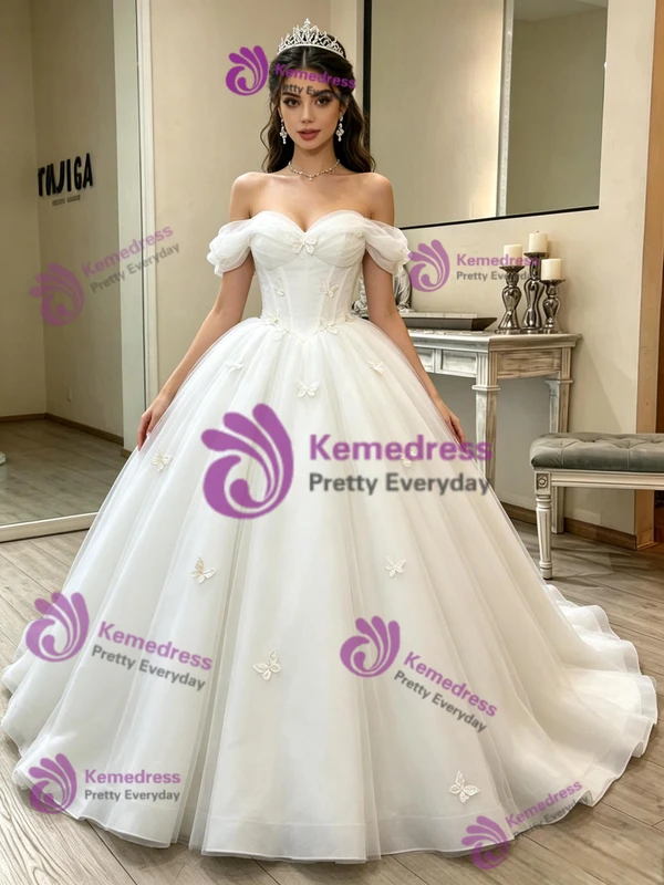 Beige White Tulle Off the Shoulder Quinceanera Dress
