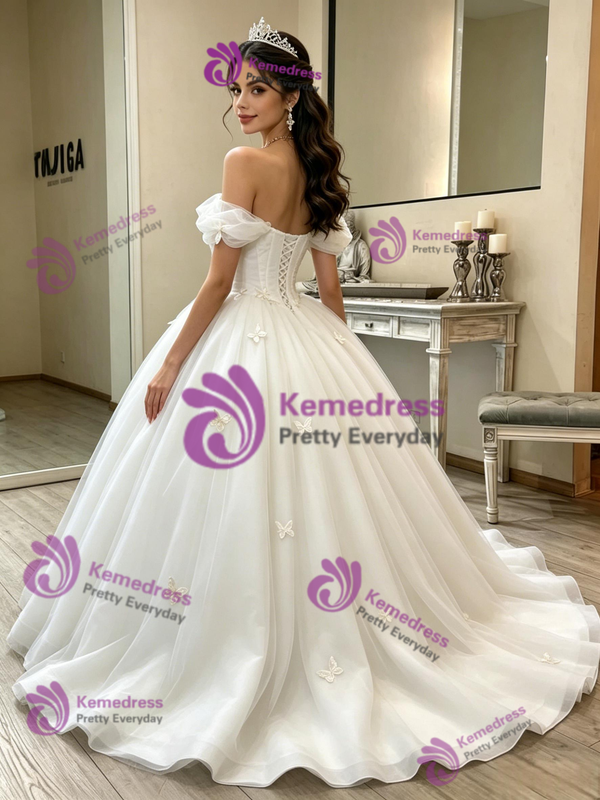 Beige White Tulle Off the Shoulder Quinceanera Dress