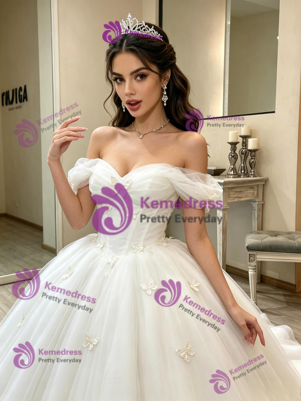 Beige White Tulle Off the Shoulder Quinceanera Dress