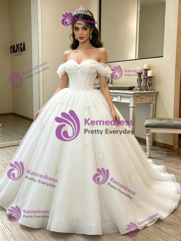 Beige White Tulle Off the Shoulder Quinceanera Dress