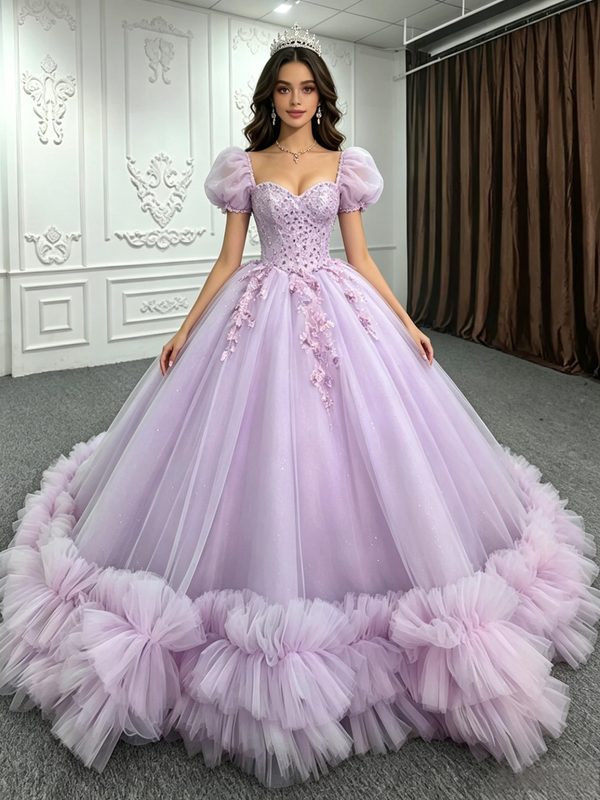 Purple Tulle Puff Sleeve Quinceanera Dress