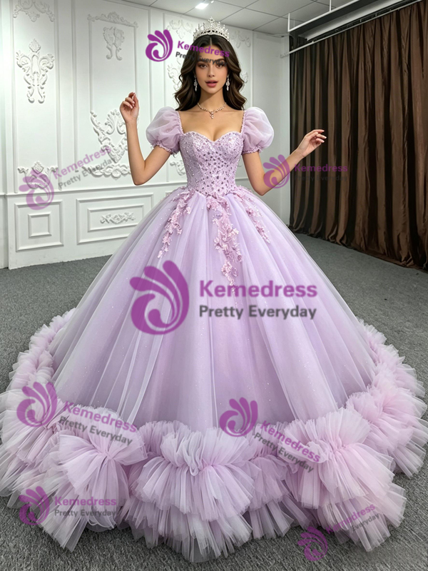 Purple Tulle Puff Sleeve Quinceanera Dress