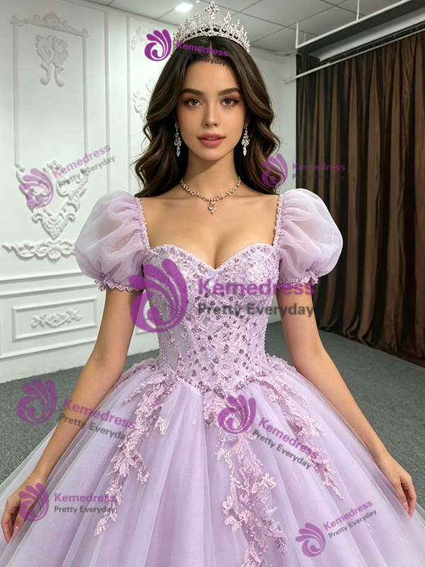 Purple Tulle Puff Sleeve Quinceanera Dress
