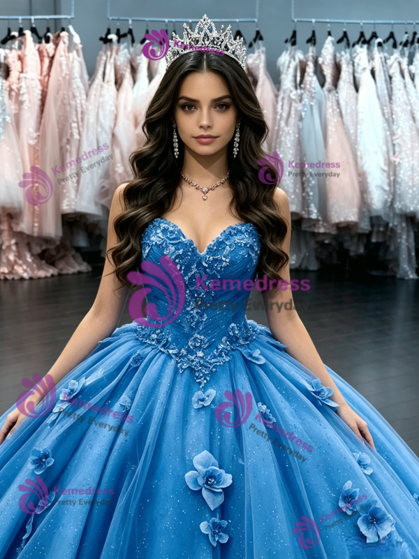 Blue Tulle Strapless 3D Flower Quinceanera Dress