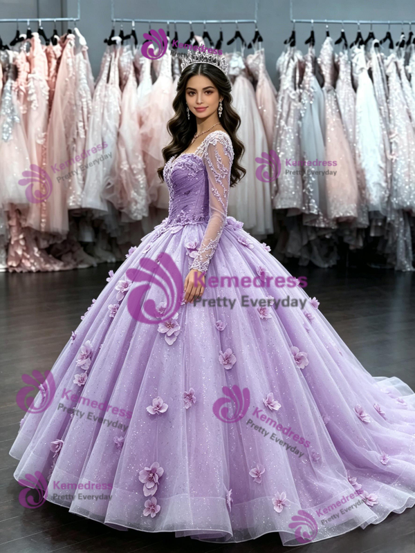 Purple Tulle Long Sleeve Flower Quinceanera Dress