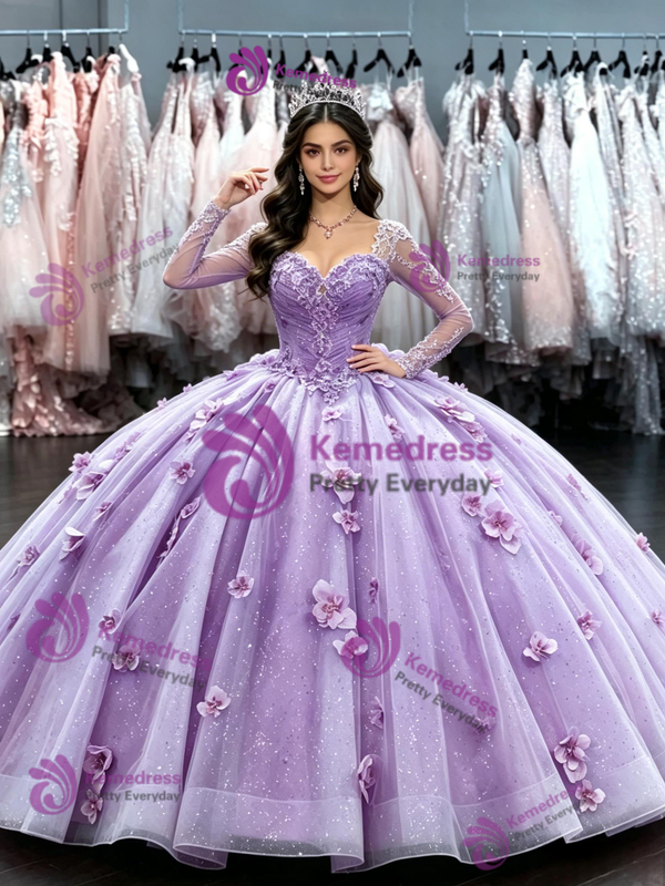 Purple Tulle Long Sleeve Flower Quinceanera Dress