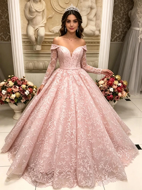 Pink Lace Long Sleee Off the Shoulder Quinceanera Dress