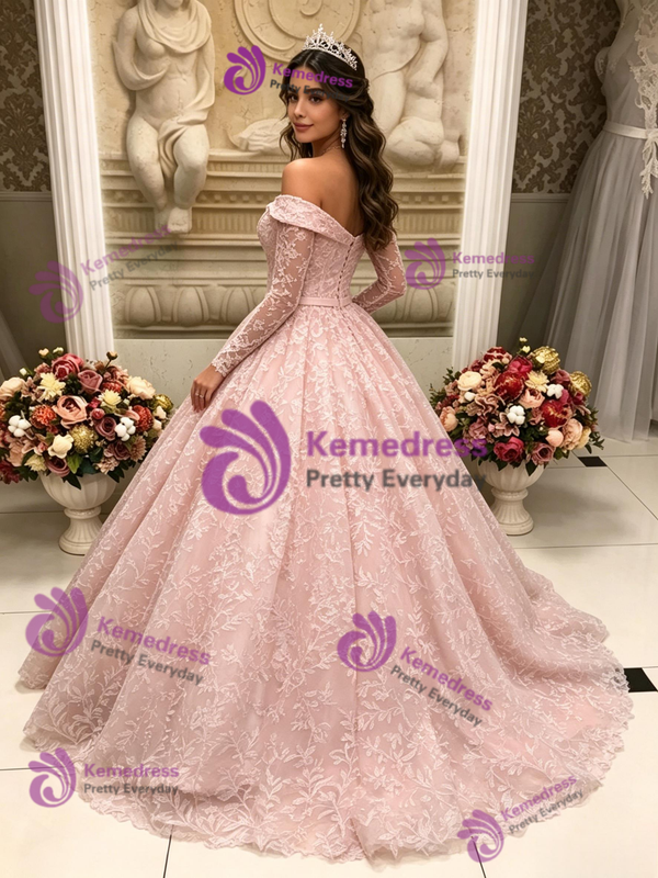 Pink Lace Long Sleee Off the Shoulder Quinceanera Dress