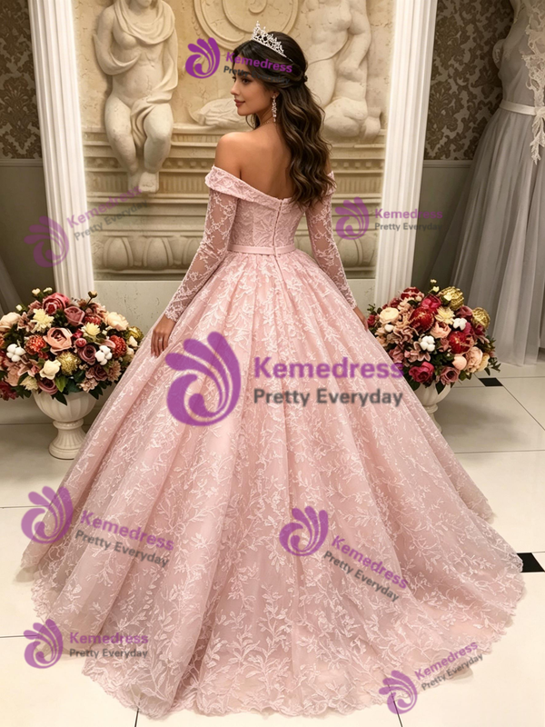 Pink Lace Long Sleee Off the Shoulder Quinceanera Dress
