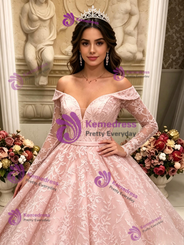 Pink Lace Long Sleee Off the Shoulder Quinceanera Dress