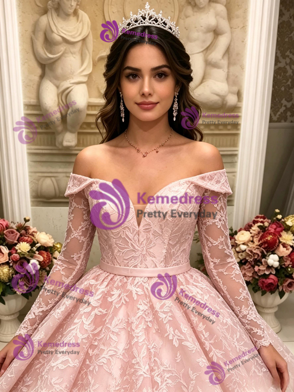 Pink Lace Long Sleee Off the Shoulder Quinceanera Dress