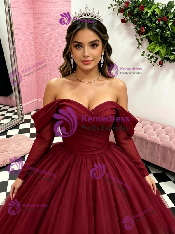 Burgundy Tulle Long Sleeve Quinceanera Dress