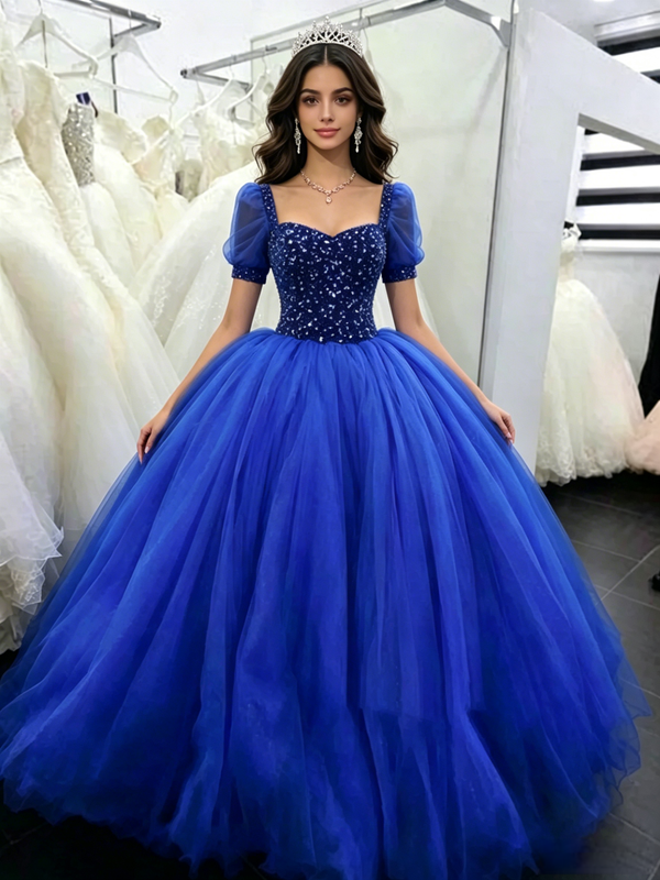 Royal Blue Tulle Puff Sleeve Beading Quinceanera Dress