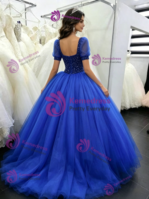 Royal Blue Tulle Puff Sleeve Beading Quinceanera Dress