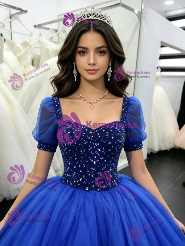 Royal Blue Tulle Puff Sleeve Beading Quinceanera Dress