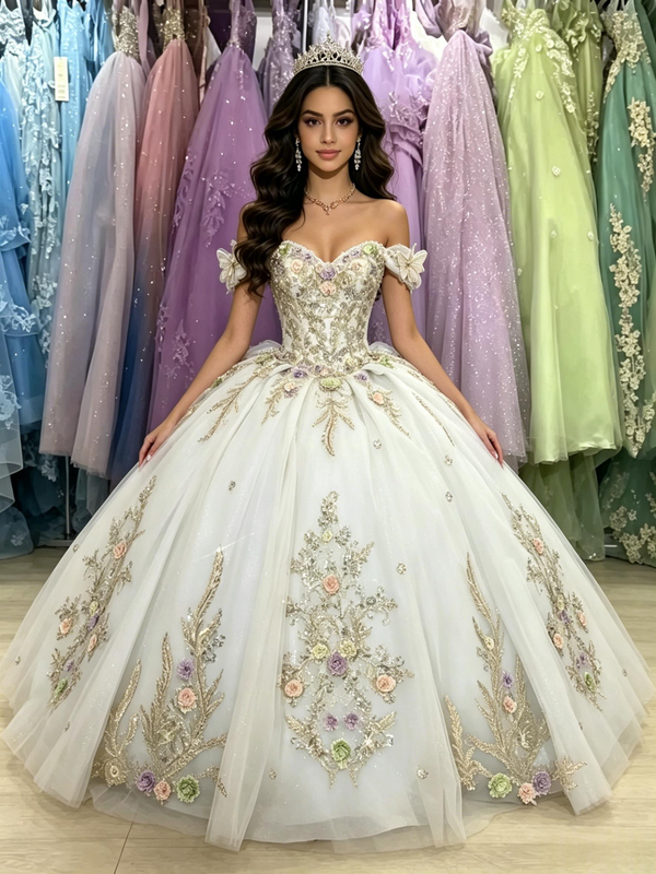 White Tulle Off the Shoulder Appliques Quinceanera Dress