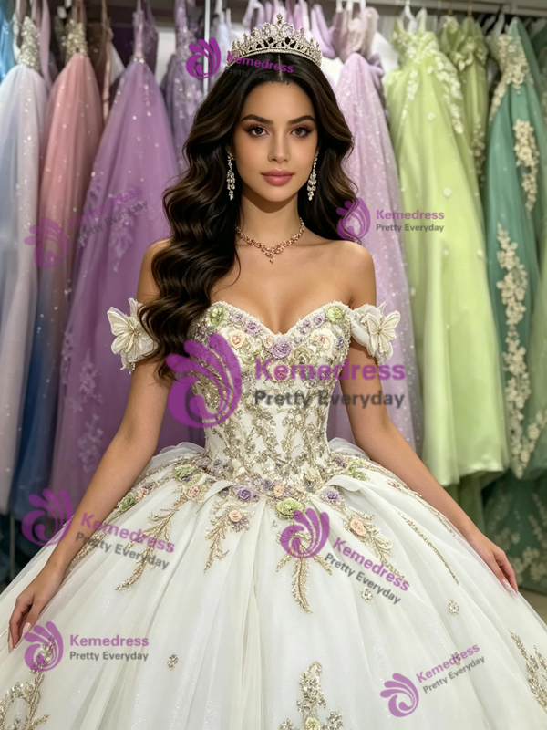 White Tulle Off the Shoulder Appliques Quinceanera Dress