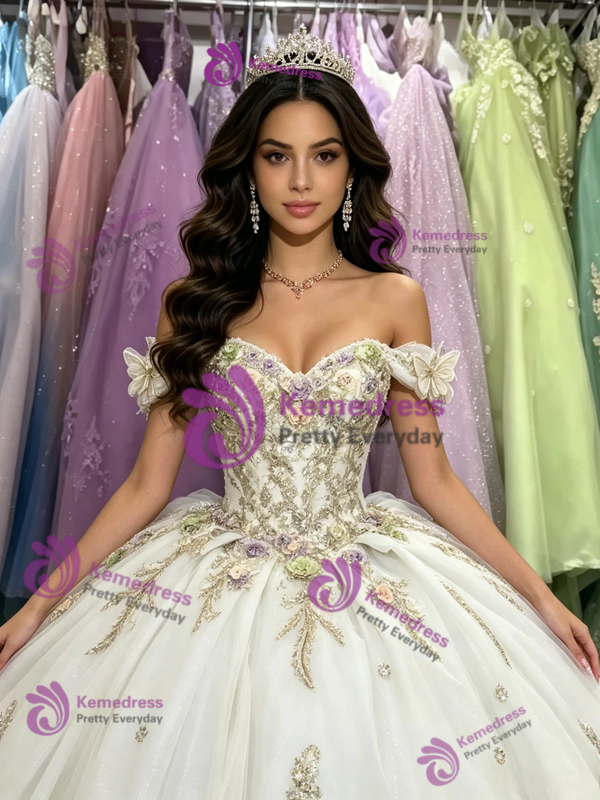 White Tulle Off the Shoulder Appliques Quinceanera Dress