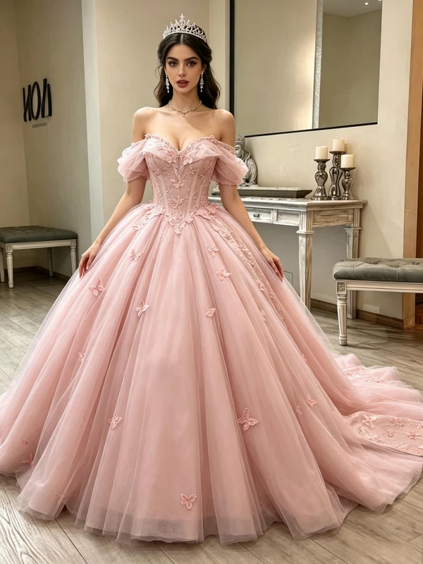 Pink Tulle Off the Shoulder Quinceanera Dress