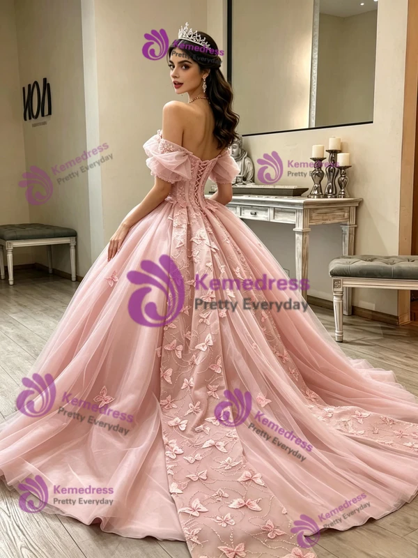 Pink Tulle Off the Shoulder Quinceanera Dress
