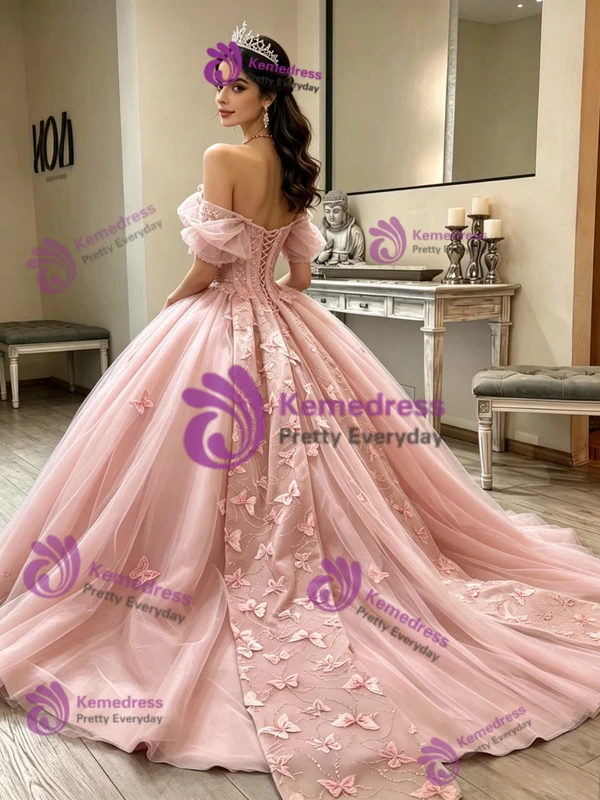 Pink Tulle Off the Shoulder Quinceanera Dress